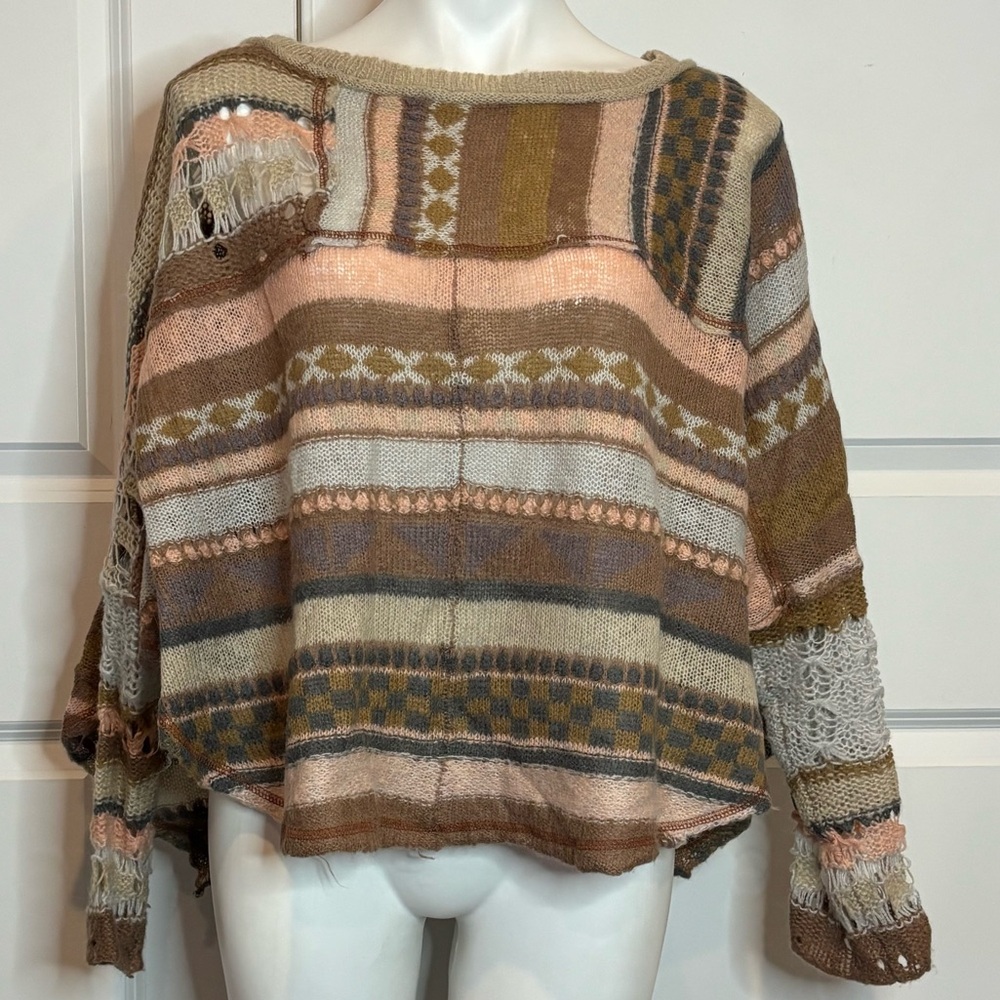 Free People December Skies Muted Pink Tan Gray Open Knit Poncho Sweater S - Picture 2 of 12